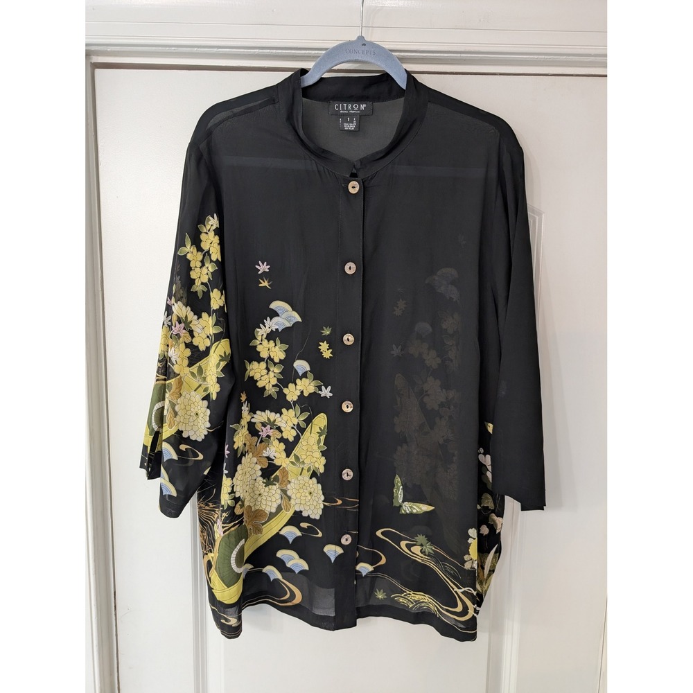 Citron Santa Monica 100% Silk Chiffon Japanese Floral Blouse Black size 1 Asian